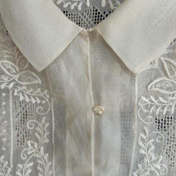 Vintage 70s Ivory Sheer Organza Puff Sleeve Cut Out Coquette Sash Waist Blouse - Picture 5 of 7